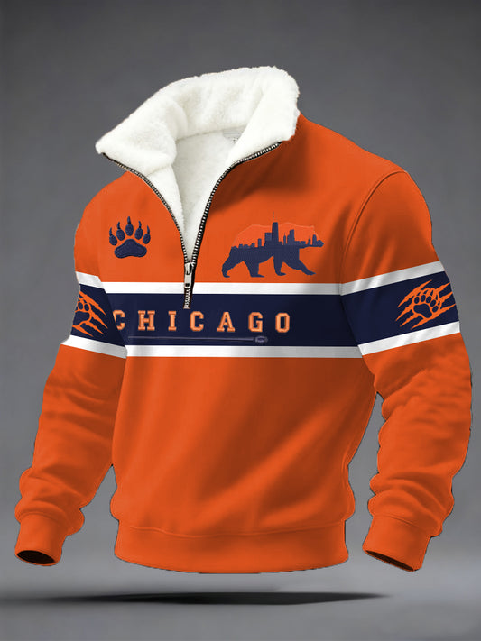 Men's Chicago Football Fans Gameday Casual Plush Zipper Pullover