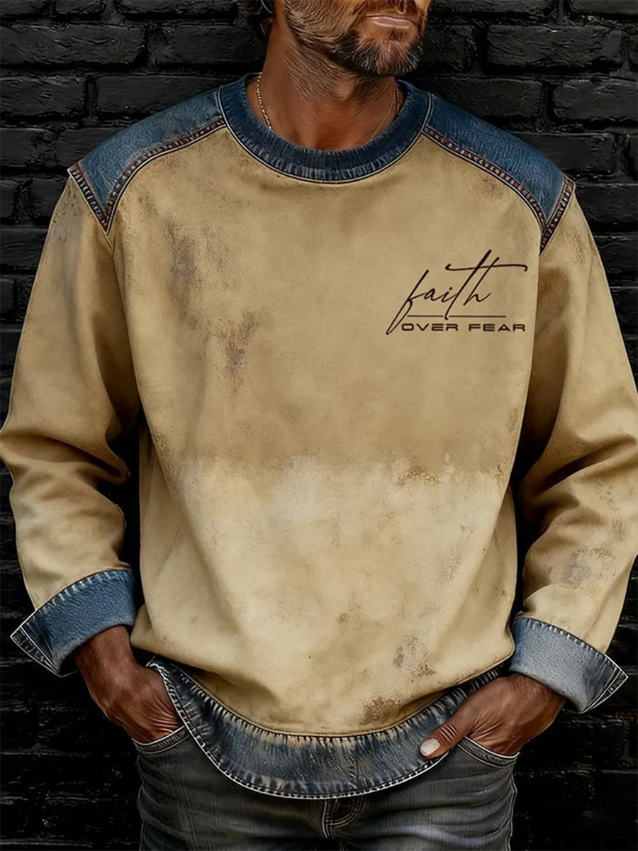 Men's Faith Over Fear Printed Denim Patchwork Crewneck Sweatshirt