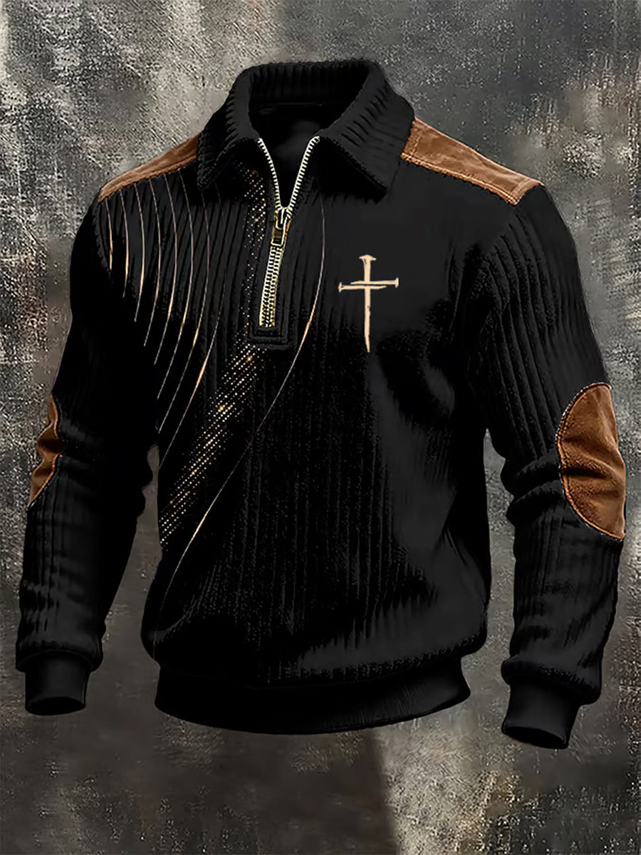 Men's Vintage Faith Cross Design Print Casual Zipper Sweatshirt