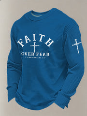 Men's Christian Faith Over Fear Cross Printed Waffle Sweatshirt
