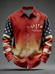Men's Vintage Flag Christian Faith Over Fear Cross Printed Shirt