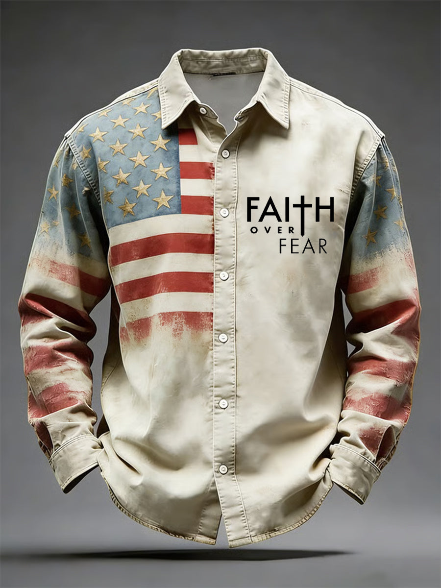 Men's Vintage Flag Christian Fear Over Fear Cross Printed Shirt