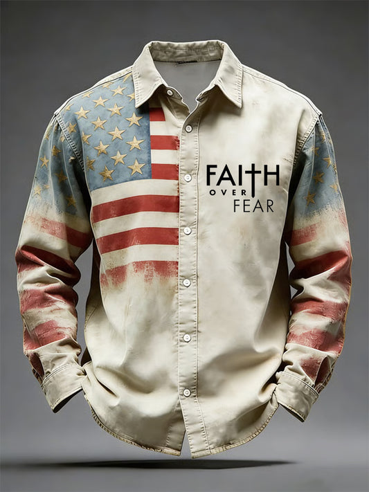 Men's Vintage Flag Christian Fear Over Fear Cross Printed Shirt