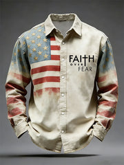 Men's Vintage Flag Christian Fear Over Fear Cross Printed Shirt