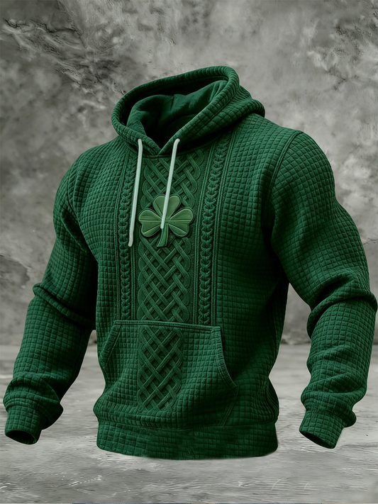 Men's St. Patrick's Day Shamrock Print Checkered Cotton Hoodie