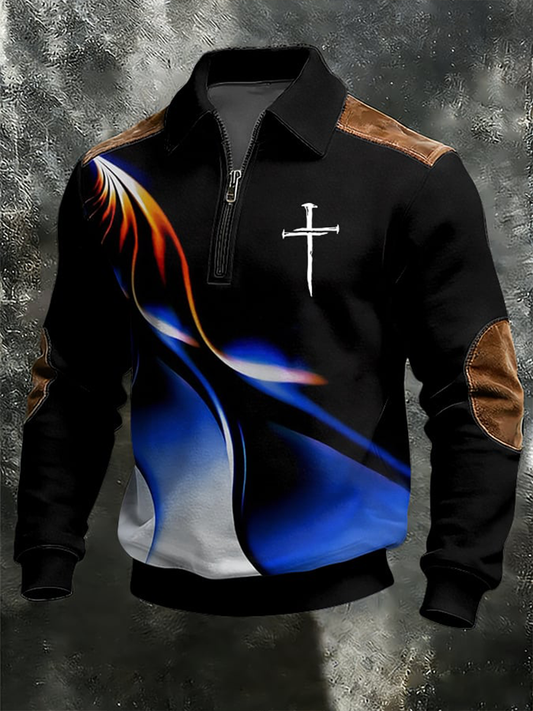 Men's Vintage Faith Cross Zipper Stand Collar Sweatshirt