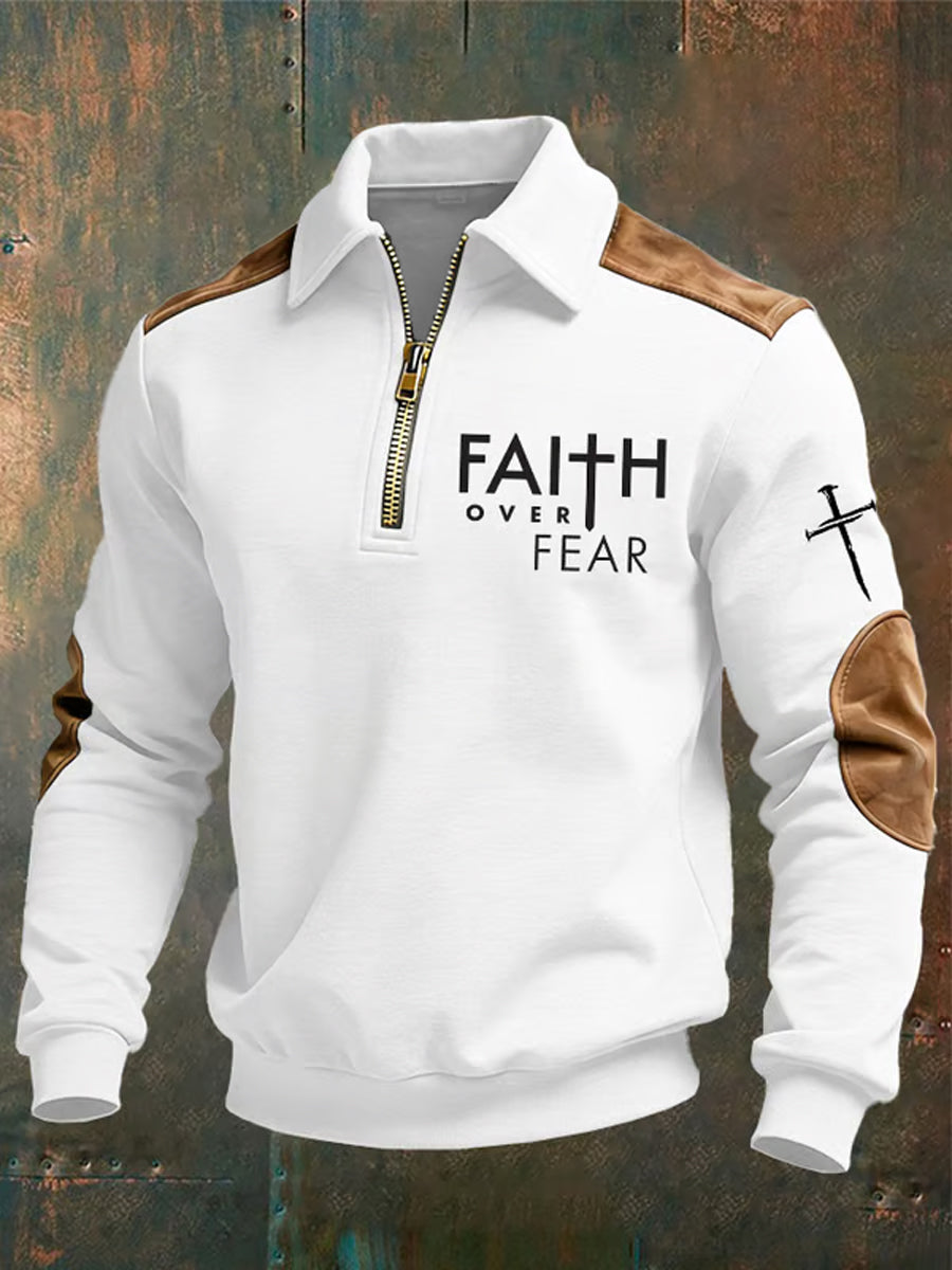 Men's Christian Faith Over Fear Cross Printed Collar Zipper Sweatshirt