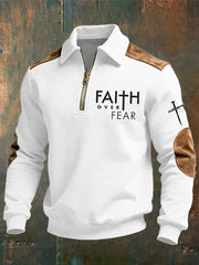 Men's Christian Faith Over Fear Cross Printed Collar Zipper Sweatshirt
