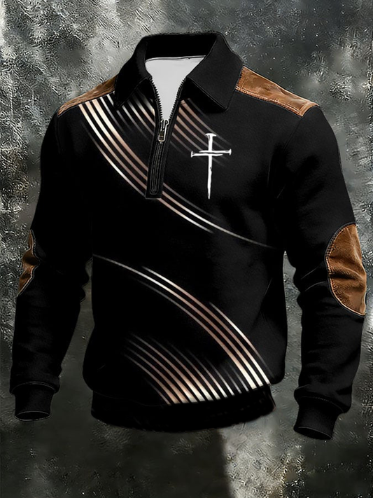 Men's Vintage Faith Cross Zipper Stand Collar Sweatshirt