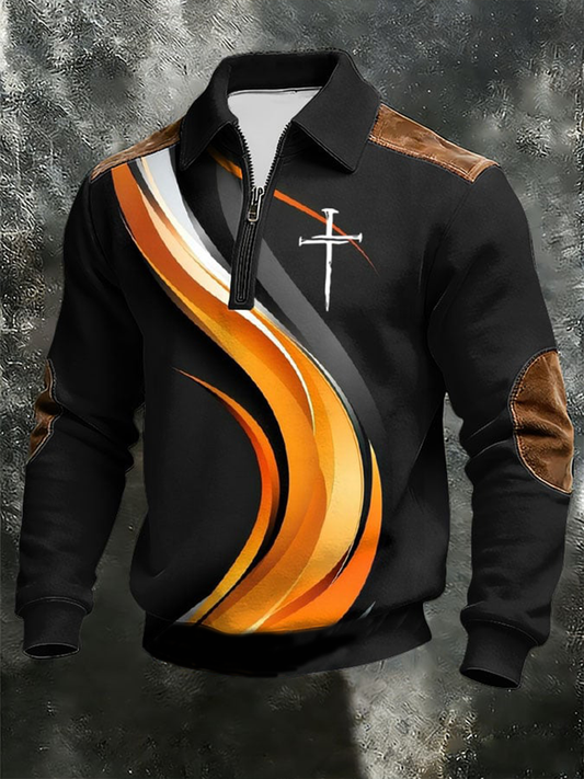 Men's Vintage Faith Cross Zipper Stand Collar Sweatshirt
