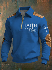 Men's Christian Faith Over Fear Cross Printed Collar Zipper Sweatshirt