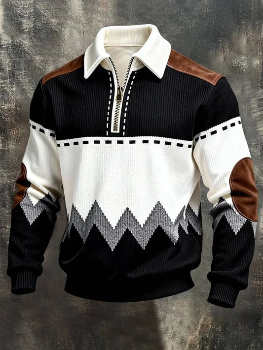 Men's Retro Color Block Print Zip-Up Corduroy Sweatshirt
