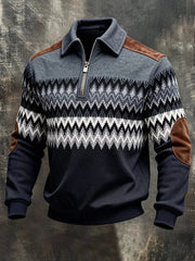 Men's Retro Color Block Print Zip-Up Sweatshirt