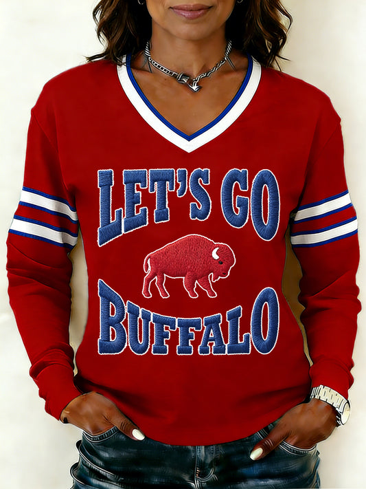 Women's Let's Go Buffalo Football Fans Gameday Casual V-Neck Long Sleeve T-Shirt