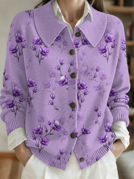 Women's Purple Flora Art Print Cardigan