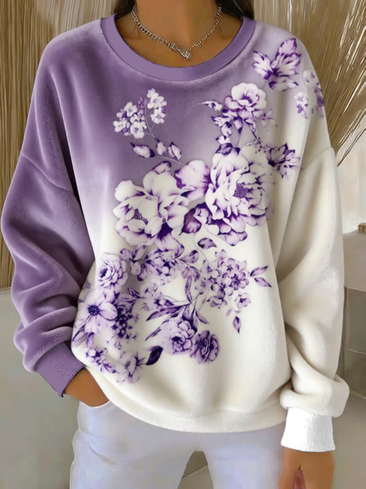 Women's Purple Art Print Casual Flannel Sweater