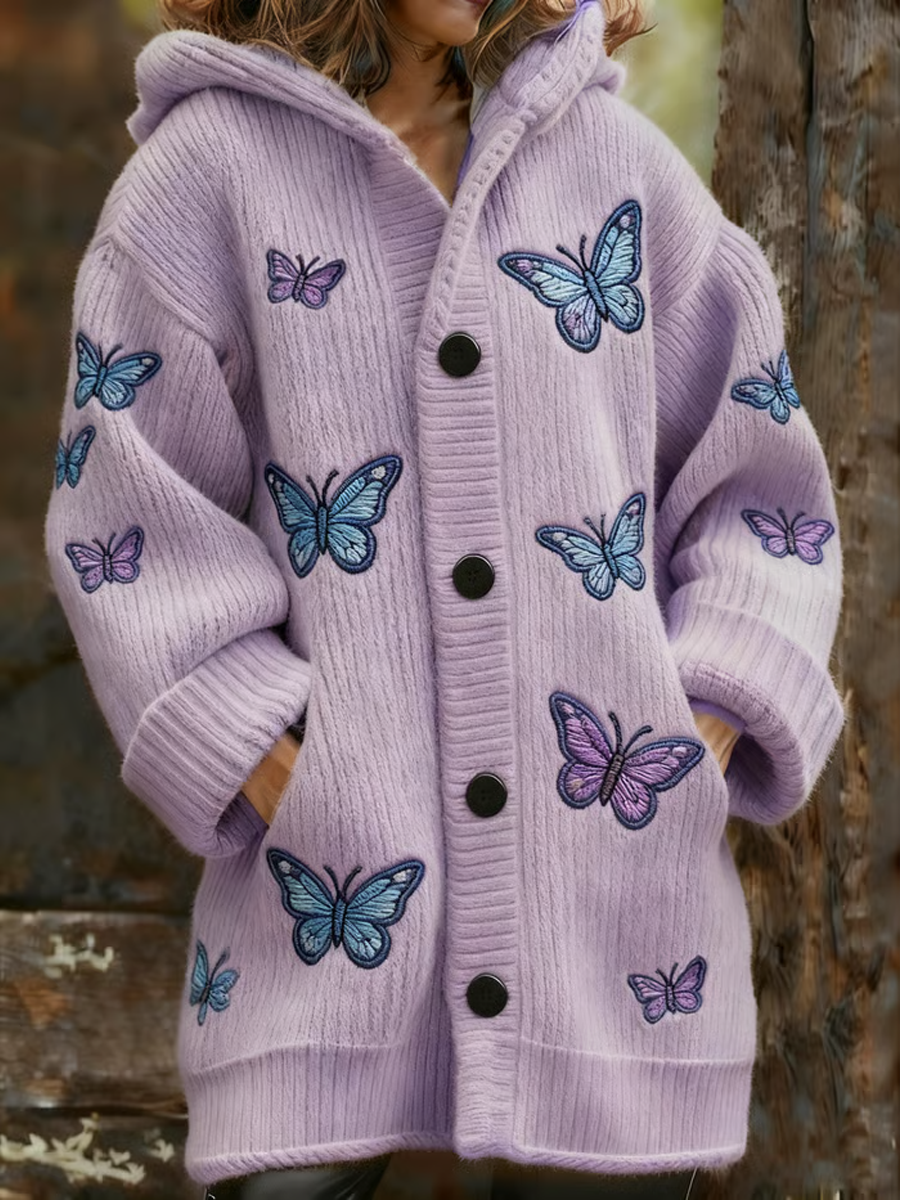 Women's Casual Purple Butterfly Print  Composite Fleece Long Coat
