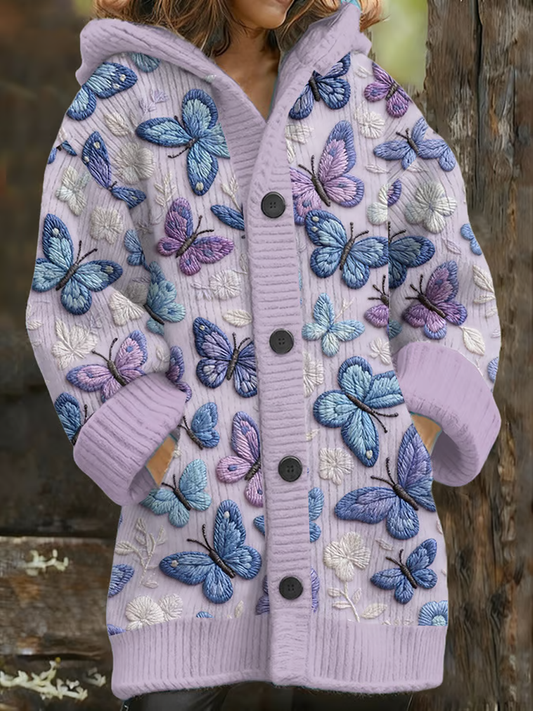 Women's Casual Purple Butterfly Print Composite Fleece Long Coat