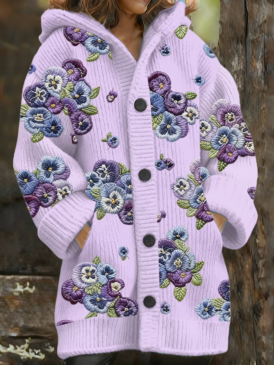 Women's Casual Purple Floral  Composite Fleece Long Coat