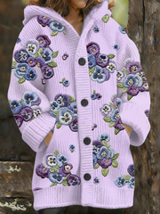 Women's Casual Purple Floral  Composite Fleece Long Coat