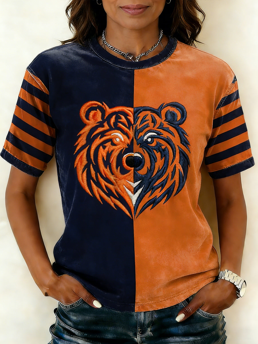Women's Bear Print Football Fans Gameday Casual Tee