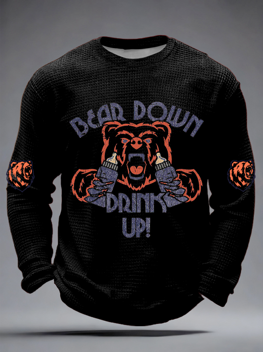 Men's Drink Up printed Football Fans Gameday Casual Waffle Long Sleeve T-Shirt