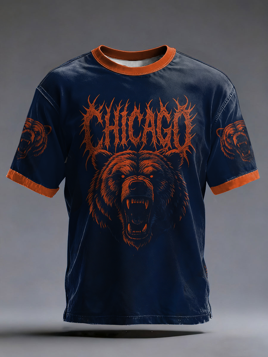 Men's Chicago Football Bear Printed Football Fans Gameday Casual short sleeves t-shirt