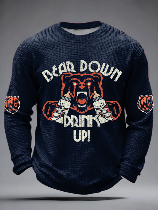 Men's Drink Up printed Football Fans Gameday Casual Waffle Long Sleeve T-Shirt