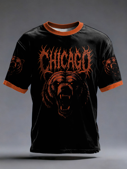 Men's Chicago Football Bear Printed Football Fans Gameday Casual short sleeves t-shirt