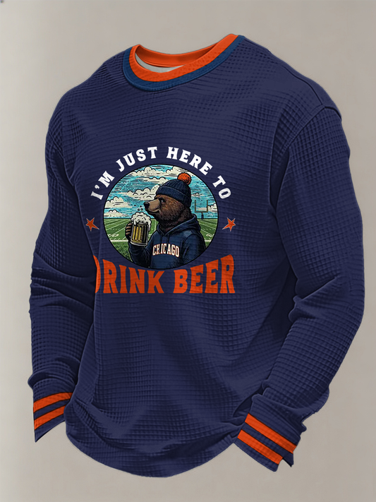 Men's Just Here To Drink Beer Printed Football Fans Gameday Casual Waffle Long Sleeve T-Shirt