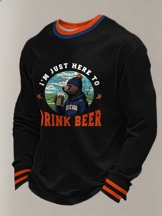 Men's Just Here To Drink Beer Printed Football Fans Gameday Casual Waffle Long Sleeve T-Shirt