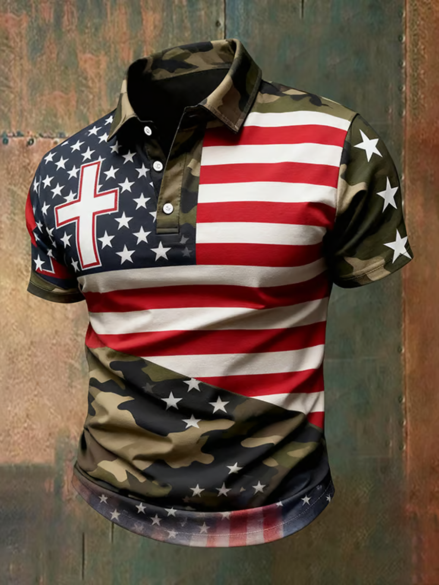 Men's Vintage Casual Faith Cross Patriot Button-Down Short Sleeve polo shirt