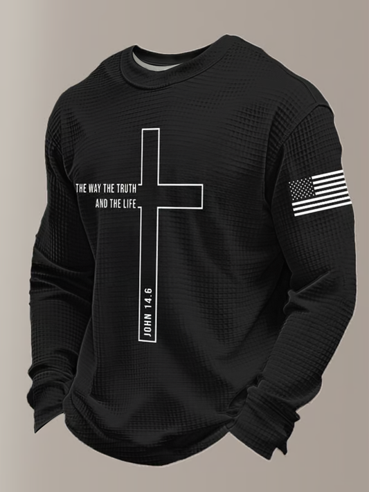 Men's Retro Faith Printed  Waffle Long Sleeve Top