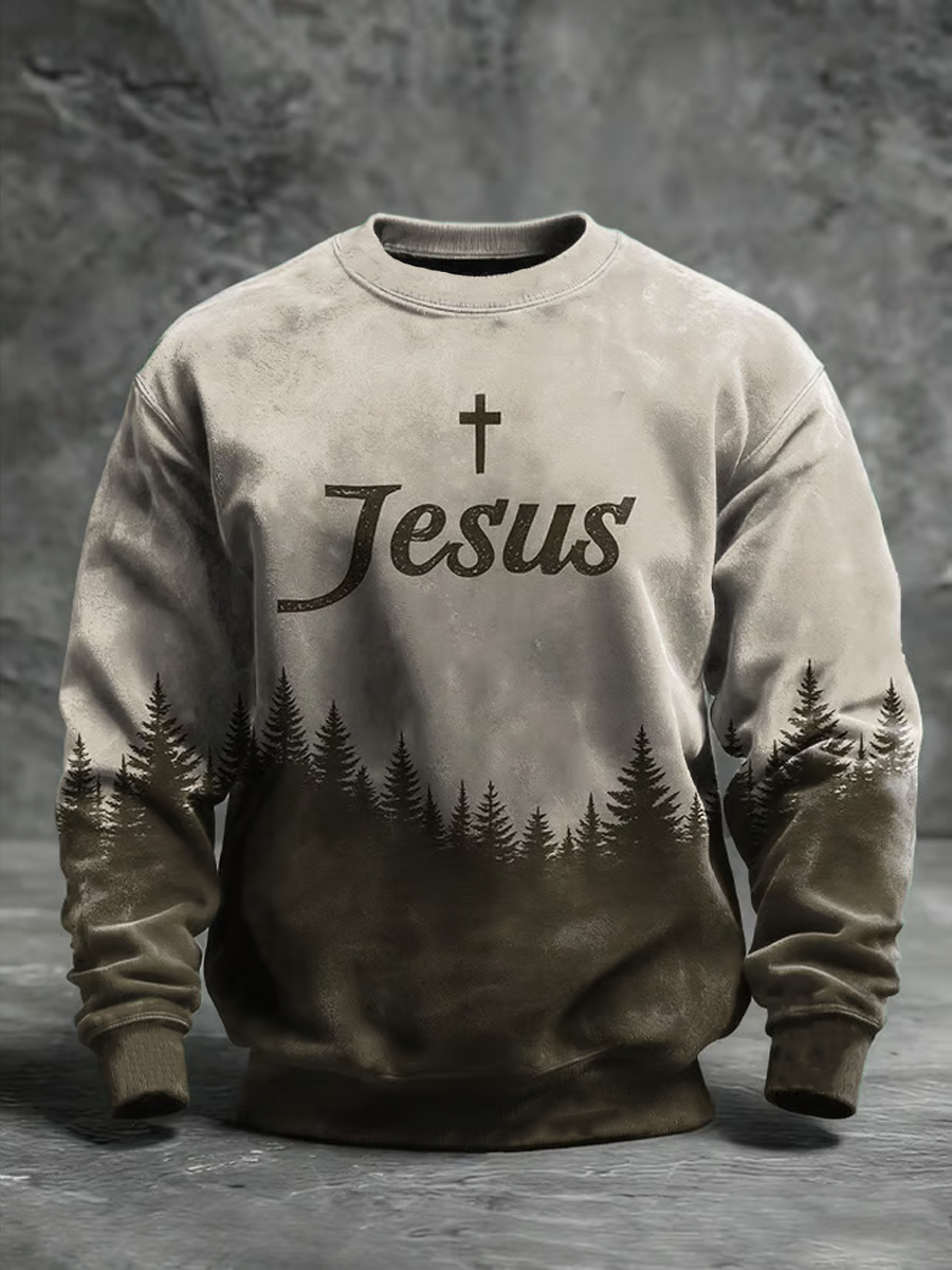 Men's Vintage Faith Cross Casual Printed Crew Neck Sweatshirt
