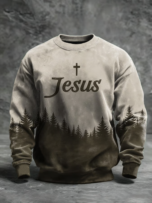 Men's Vintage Faith Cross Casual Printed Crew Neck Sweatshirt