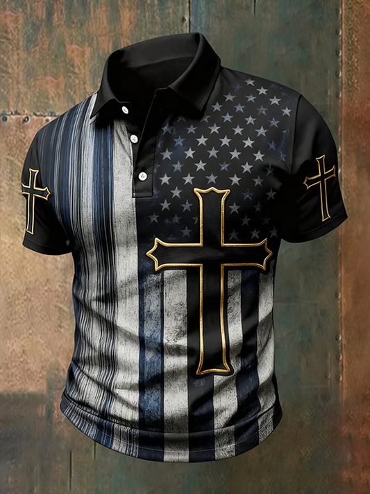 Men's Vintage Casual Faith Cross Patriot Button-Down Short Sleeve polo shirt