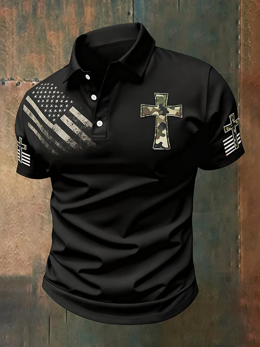 Men's Vintage Casual Faith Cross Patriot Button-Down Short Sleeve  polo shirt