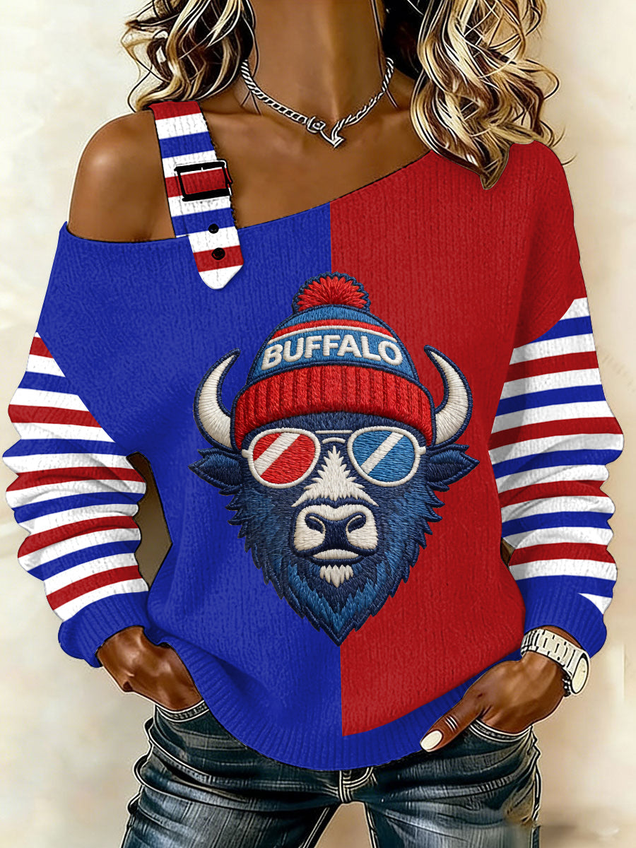 Women's Go Buffalo Stripes Print Football Fans Gameday Casual Off-Shoulder Top