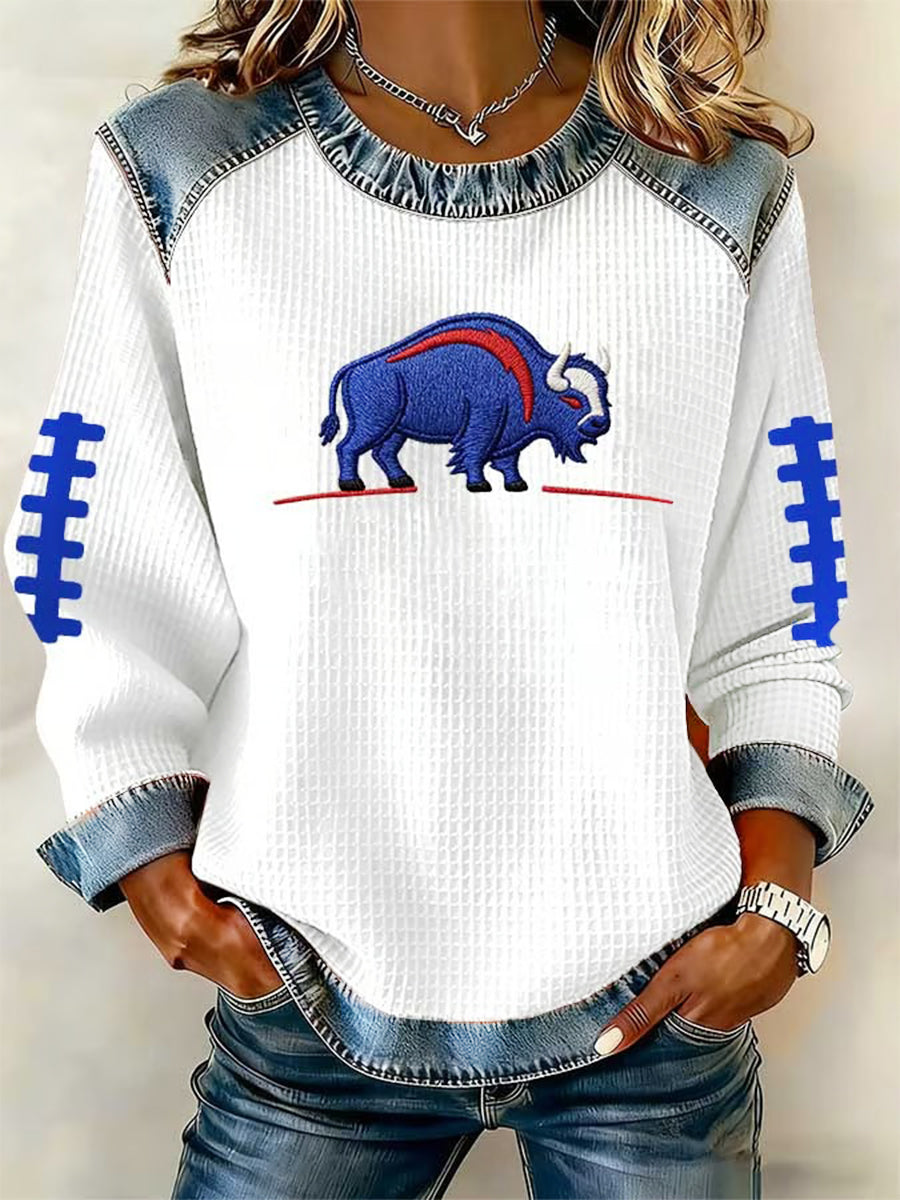 Women's Buffalo Print Football Fans Gameday Casual Denim Patchwork Top