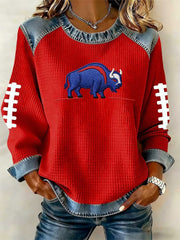 Women's Buffalo Print Football Fans Gameday Casual Denim Patchwork Top