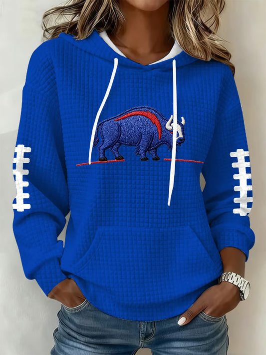 Women's Buffalo Print Football Fans Gameday Casual Waffle Hoodie