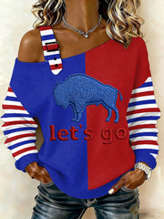 Women's Go Buffalo Stripes Print Football Fans Gameday Casual Off-Shoulder Top