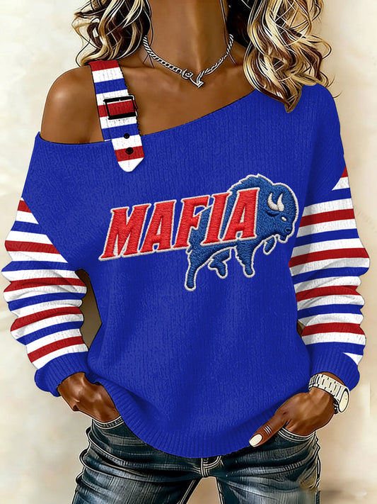 Women's Bills Mafia Stripes Print Football Fans Gameday Casual Off-Shoulder Top