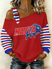Women's Bills Mafia Stripes Print Football Fans Gameday Casual Off-Shoulder Top