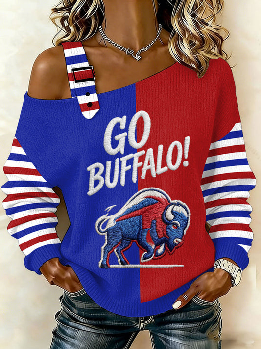 Women's Go Buffalo Stripes Print Football Fans Gameday Casual Off-Shoulder Top