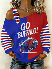 Women's Go Buffalo Stripes Print Football Fans Gameday Casual Off-Shoulder Top