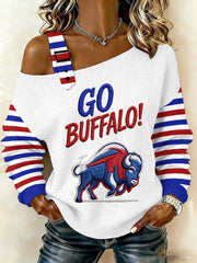 Women's Go Buffalo Stripes Print Football Fans Gameday Casual Off-Shoulder Top