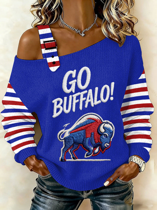 Women's Go Buffalo Stripes Print Football Fans Gameday Casual Off-Shoulder Top
