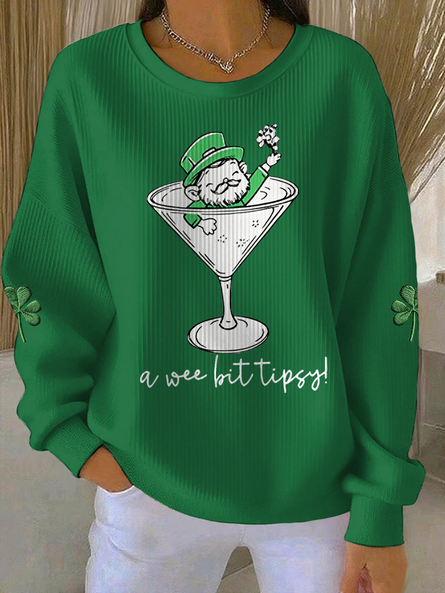 Women's Funny St Patrick's Day A Wee Bit Tipsy! Shamrock Print Casual Sweatshirt