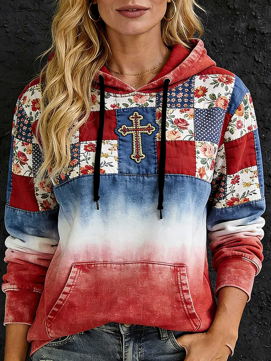Women's Retro Floral Faith Art Print Casual Hoodie